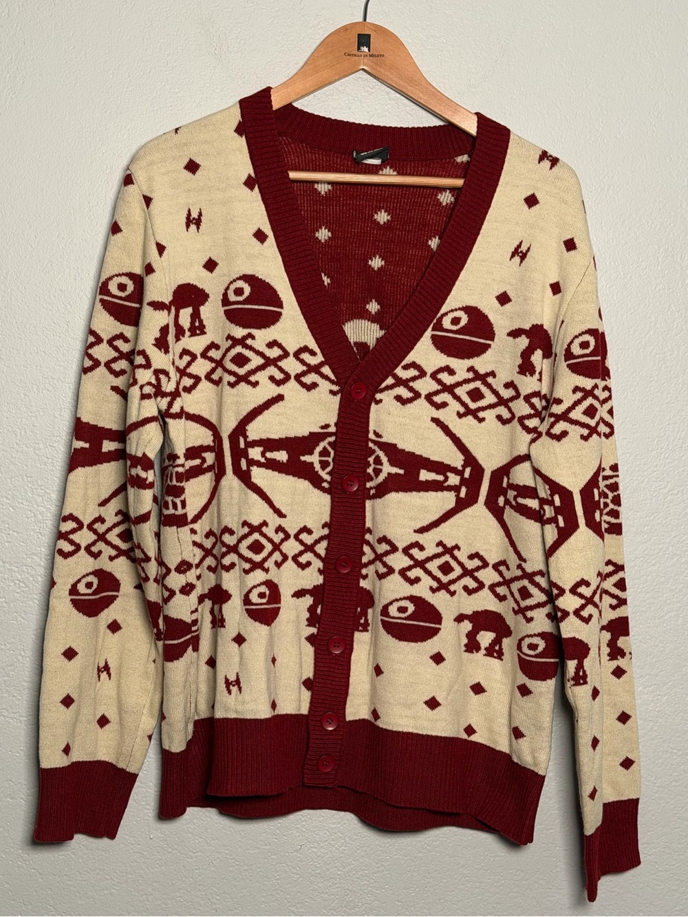 Star Wars Cream and Burgundy Patterned Button-Up Cardigan Death Star Medium